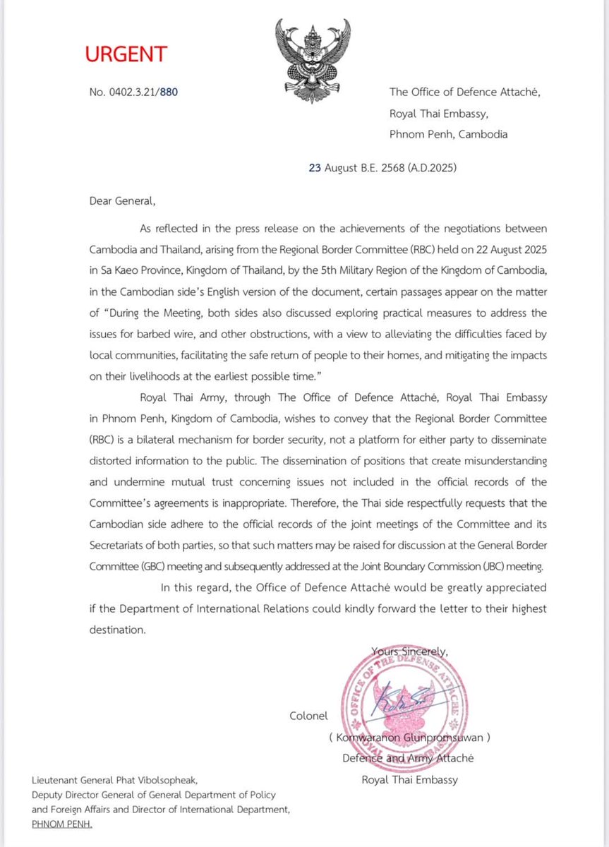 Thai military attaché in Phnom Penh sends protest letter to Cambodia after finding distorted facts in leaked RBC border talks results. Thailand says Cambodia's public statements misrepresent 22 Aug meeting outcomes and undermine bilateral trust